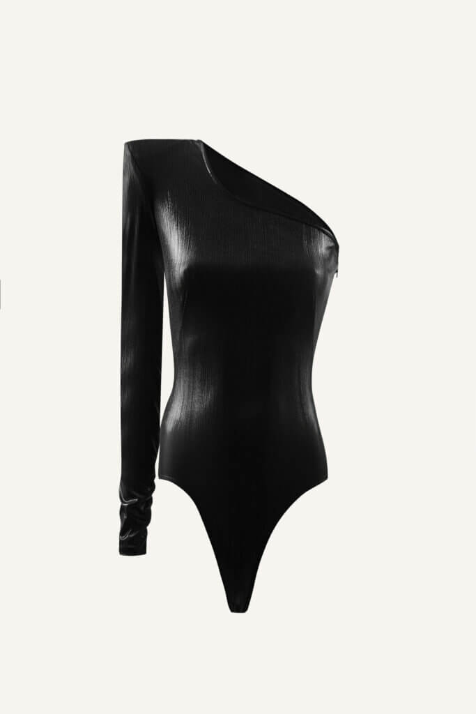 One shoulder bodysuit in shiny black - EPUZER.COM